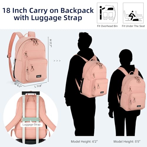 Carry On Travel Backpack For Women, 18 Inch Water Resistant Large Backpack Lightweight Bookbag For Men, 8x14x18 Personal Item Bag Casual Daypack Backpacks For Work Office Commuter (Pink)2