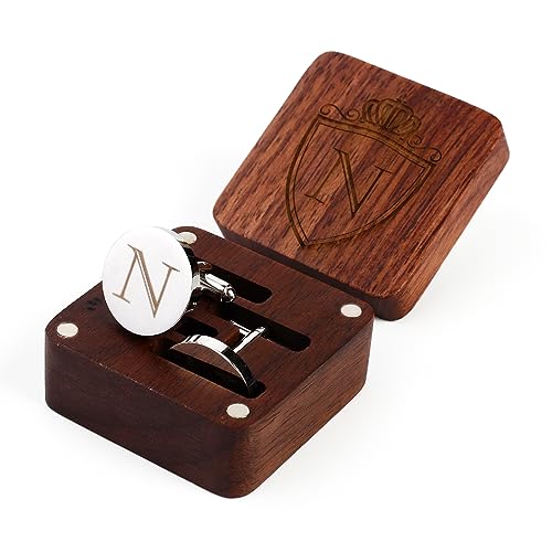 Image of Mens Initial Silver Cufflinks A-Z Alphabet Letter Steel Cuff Links with Engraved Walnut Wood Box Groom Groomsman Wedding Set