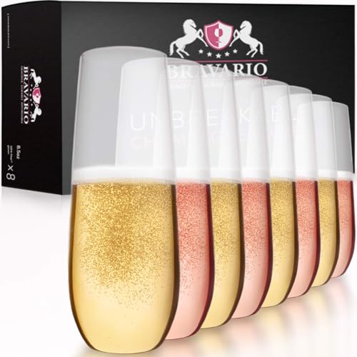 Consejos para Comprar Copas de champán sin tallo los 5 mejores. 46 Bravario - Copas de champaña de plástico, resistentes irrompibles sin tallo, sin BPA, reutilizables, 8.5 onzas, juego de 8