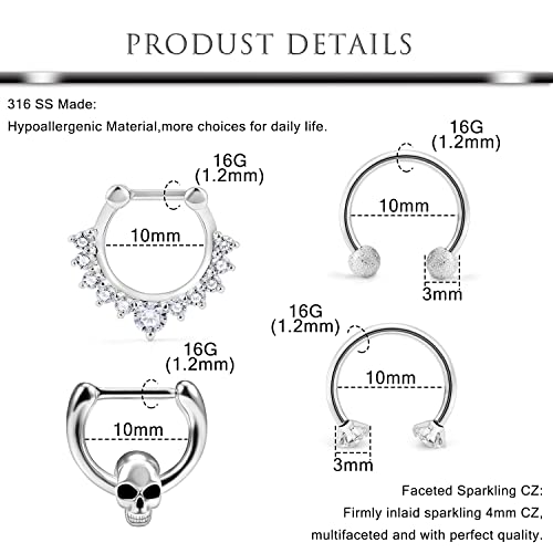 Hoeudjo Septum Clicker Rings 16G Surgical Steel Nose Hoop Rings Retainer Body Piercing Jewelry with Clear CZ Women Men U & D Shaped Daith Helix Tragus Lip Cartilage Earrings 8 Pieces2