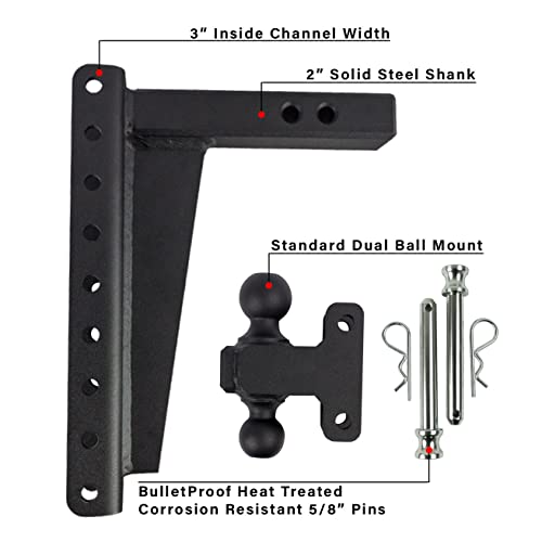 Bulletproof Hitches 2.0" Adjustable Heavy Duty (22,000Lb Rating) 10" Drop/Rise Trailer Hitch With 2" And 2 5/16" Dual Ball (Black Textured Powder Coat, Solid Steel) #TOP2