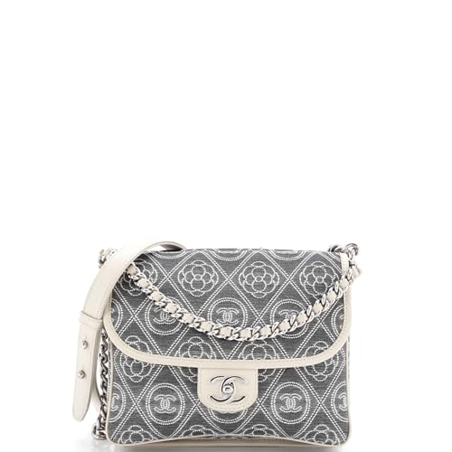 Pre-Loved Camellia Double Side Flap Bag Quilted Printed Canvas Small, Gray