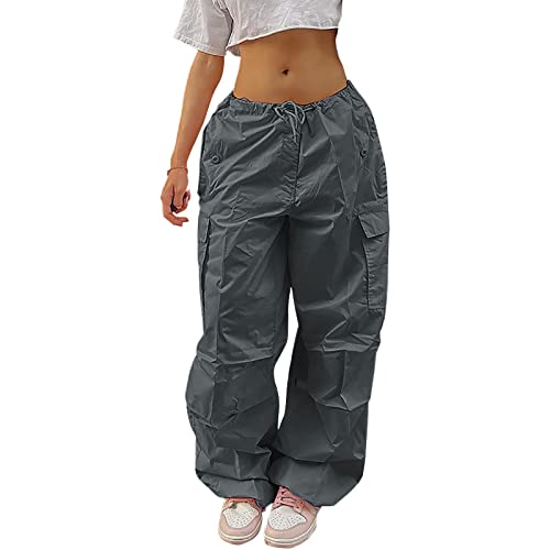 Y2K Baggy Lange Hosen, Hip Hop Cargohose Damen, Lose Weite Bein Track Pants, Schnürung Frauen Elastische Low-Taille 90er Streetwear,Grey Cover