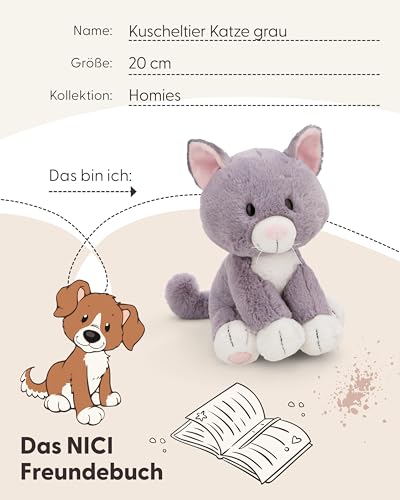 NICI Kuscheltier Katze 20cm - grau - Weiches Plüschtier – niedliches Stofftier zum Kuscheln & Spielen – tolle Geschenkidee für Kinder & Erwachsene - 62139