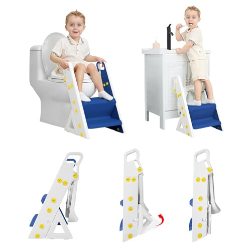 Image of Primlect Space-Saving Potty Training Seat with Ladder, Adjustable Step and Toilet Seat Height, Top Handles for Easy Climbing, Easy to Carry, Portable Toddler Toilet Trainer for Small Bathrooms