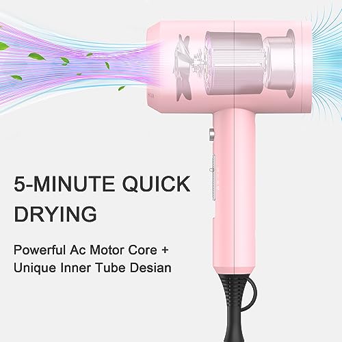 Image of slopehill Professional Ionic Hair Dryer, Powerful 1800W Fast Drying Low Noise Blow Dryer with 2 Concentrator Nozzle 1 Diffuser Attachments for Home Salon Travel (Pink)