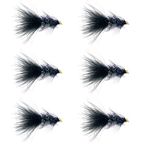 Feeder Creek Fly Fishing Flies | 6pc Woolly Bugger Assortment in 4 Colors, 3 Sizes - Ideal Flies for Fly Fishing | Trout Flies | Bass Flies | Streamer Flies | Wet Flies (Size 6 Black - 6 Pack)