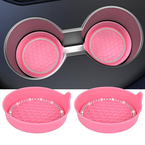 Image of Amooca 2-Pack Car Cup Holder Coaster Bling Crystal Rhinestone Car Interior | Universal Fit Most Car SUV Truck, Non-Slip Silicone, Spill-Proof Deep Cup Shape, Heat Resistant, Sparkly Decor, Peach Pink