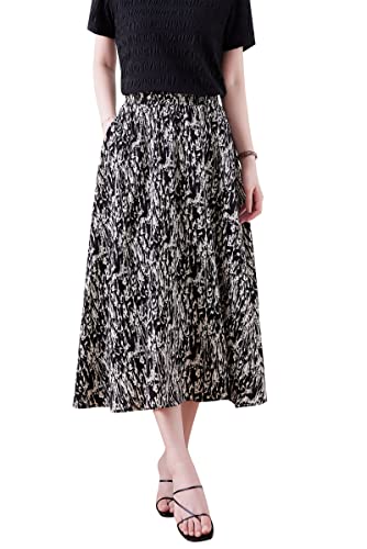 Womens Floral Pleated Skirt Elastic Waist A-line Printed Midi Skirts with Pockets