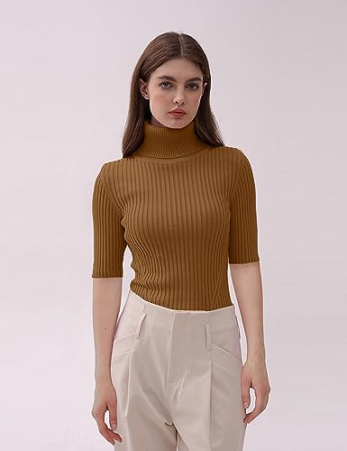Image of v28 Women Turtleneck 1 /2 Half Sleeve Highly Stretchy Ribbed Knit Fitted Sweater