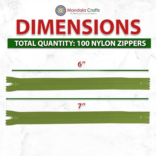 Image of Mandala Crafts 100 PCs Olive Green Closed-End 6 in Nylon Zippers for Sewing