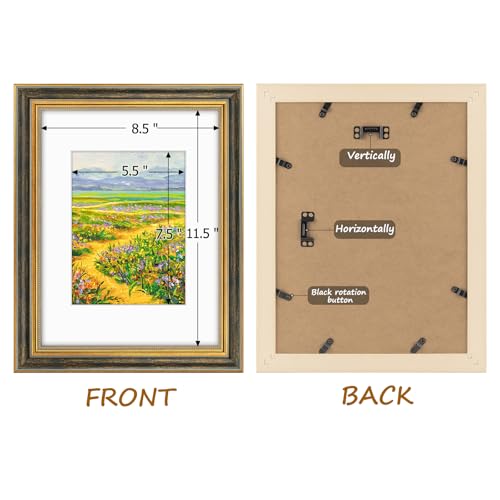 Image of Golden State Art,9x12 Ornate Picture Frame Holds 6x8 Photo,Black Gold | Includes real glass front,white mat,build-in hangers and buttons.Displays 6x8 photo on wall