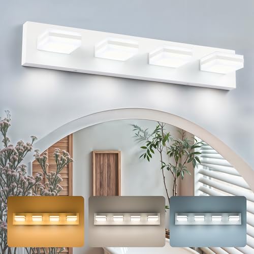 Image of VONLUCE Bathroom Vanity Light Fixture, 4-Light Modern LED Vanity Light, 3CCT Adjustable Bathroom Lights with Memory Function Rotatable Shades, 26 inch Wall Lighting Fixture Over Mirror, Matte White