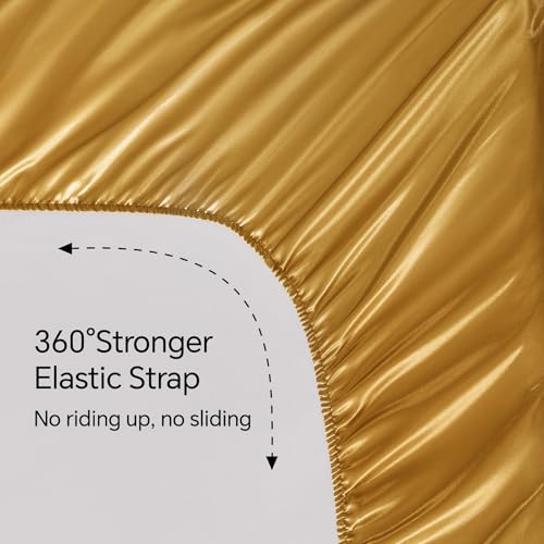 BEDELITE Satin Fitted Sheet and Pillowcases Set, Luxury Soft Similar to Silk Bottom Bedsheet with Elastic Corner Straps, Deep Pocket up to 15 Inch, 1 Fitted Sheet and 2 Pillowcases(Queen, Gold)