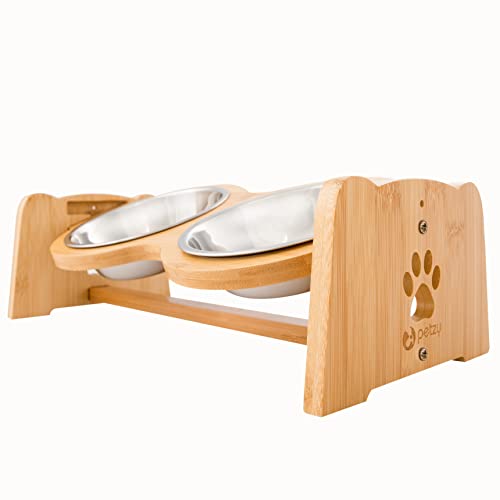 Muawo Premium Hundenapf oder Katzennapf höhenverstellbar, 350ml pro Futternapf, Perfekter Fressnapf für Hund und Katze, Näpfe mit Futterstation aus Bambus Cover