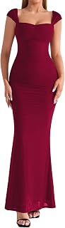 VKIHOC Cap Sleeve Lace Up Bodycon Ruched Maxi Dress - Elegant Sweetheart Neck Formal Wedding Guest Gown for Women