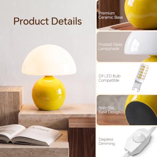 Image of Dawnwake Mushroom Lamp Table Lamp for Bedroom-Small Desk Table Lamps,Yellow | 8.7 inch Mid Century Modern Table Lamps for Living Room Bedroom Decor,Cute Ceramic Lamps for Mushroom Home Room Decor,Glass Shade