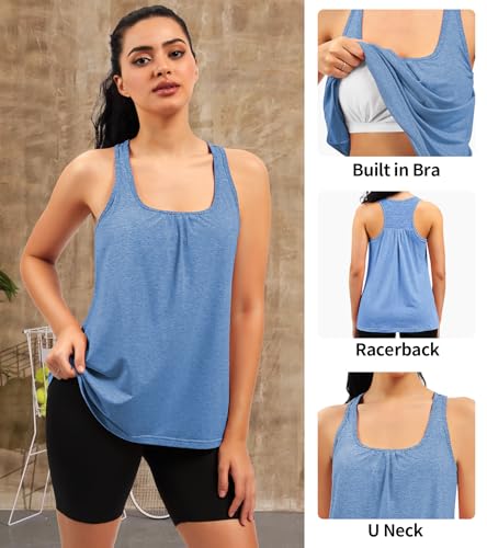 Work Out Tank Tops for Women Racerback Gym Yoga Athletic Top Round Neck Built in Bra Blue — view 3