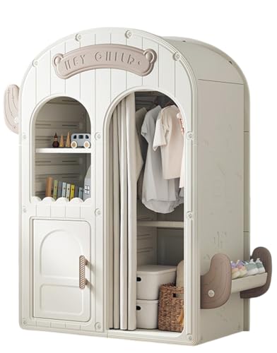 habeig Kinder Kleiderschrank, Beige-Hellbraun, HDPE Material, 132x115x53cm, mit Kleiderstange, Schuhablage, Vorhang, Stauraum, Abgerundete Kaktus-Form, für Kinder ab 3 Jahre (4376)