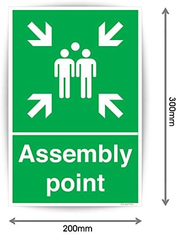 Pack of 10 Fire Evacuation Sign Self Adhesive (300 x 100 mm) Fire Assembly Point Sign Outdoor Fire Safety Signs for Office, Schools & Malls Sara Prints®