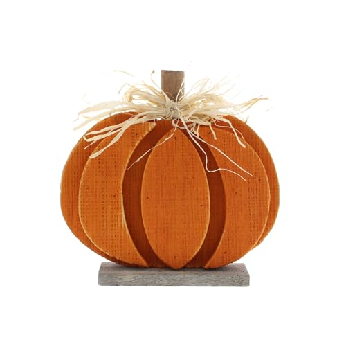 Festive Productions Decorative Wooden Pumpkin with Straw Bow on Wooden Base - Orange - 18cm - Halloween Decoration Autumn Pumpkin Themed Décor Autumnal - Perfect for Home, Kitchen, Living Room