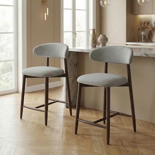 Image of Bar Stools Set of 2, 25.6″ Counter Height Bar Stools with Wood Legs, Upholstered Modern Kitchen Barstools for Kitchen Island Dining Room Bar, Light Grey