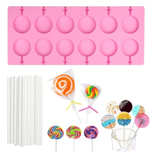 Lollipop Form Silikon, 12 Lutscherform aus Silikon Runde mit 20 Lollipop Sticks, Antihaft Leicht Entformbar Wiederverwendbar Silikonformen Lutscher für Kuchen, SüßIgkeiten, Gelee und Schokolade