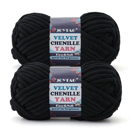Image of 2 Pack Chunky Chenille Yarn for Crocheting and Knitting Beginners,Thick Bulky Plush Fluffy Velvet Soft Baby Blanket Crochet Chenille Yarn for Crocheting Blankets /Amigurumi /DIY Crafts(Black
