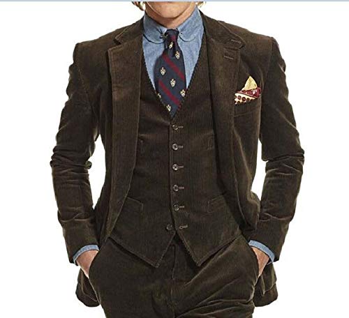 Mens Corduroy Dark Chocolate Brown 3 Pieces Slim Fit Party Prom Suit Tuxedo Jacket Vest Pant2