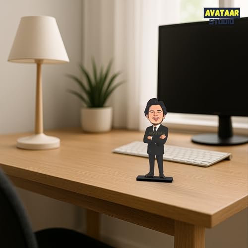 Image of Personalized Workaholic Caricature Gift Custom Office Desk Avatar Birthday Gift for Friend Colleague Unique Corporate Gift for IT Professionals (MAN in Suit 3, 7 INCHES)