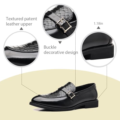 Men's Textured Chunky Heel Retro Loafers Classic Pointed Toe Buckle Decoration Non-Slip Slip-On Business Leather Shoes for Wedding, Work, Office3