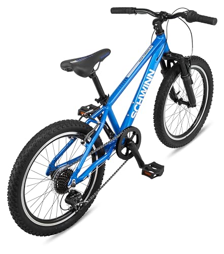 Image of Schwinn High Timber AL Mountain Bike for Youth Boys Girls, 20-Inch Wheels, 7-Speeds, Front Suspension, Aluminum Frame and Alloy Linear Pull Brakes, Blue