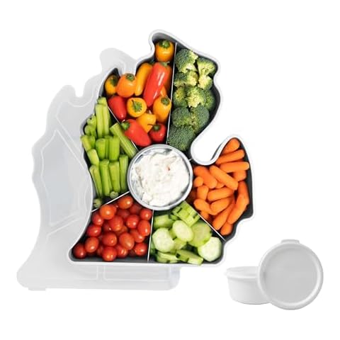 KOLORAE Michigan Serving Tray - Unique 7 Compartment Mitten State Reusable Snack Tray w/Dressing Cup. Great for Entertaining and Storage for Appetizers, Snacks, Chips & Dip, Fruits & Veggies Cover