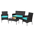 4 Pieces Conversation Set Modular Outdoor Furniture Set Water Resistant Patio Wicker Furniture Set with 3 Rattan Chairs 1 Tempered Glass Topped Table Seat Cushions for Patio Balcony Poolside, Blue