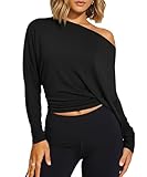 Coloquin Women Long Sleeve Off The Shoulder Crop Tops Boat Neck Cinched Waist Running Workout Gym Tops T Shirts Black L