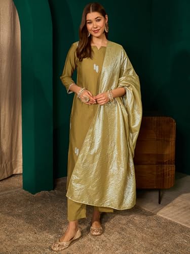 Image of Naixa Women's Silk Embroidered Straight Kurta with Pant | Viscose Jacquard Dupatta Set | 3 /4 Sleeve | Notch Neck | Festive | Mehendi Wear (Available in Plus Size)