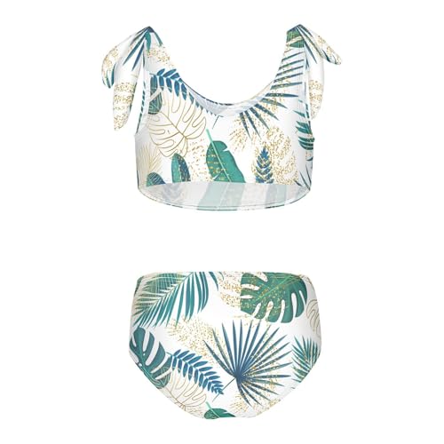 Girls Green and Golden Tropical Leaves Pattern Swimsuit Two Pieces Bikini Set Bathing Suits Swimwear Crop Top Swimsuit Set2