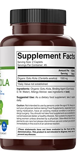 Brieofood Organic Gotu Kola 1500Mg, 45 Servings, Vegetarian, Gluten Free, 90 Vegetarian Tablets #TOP3