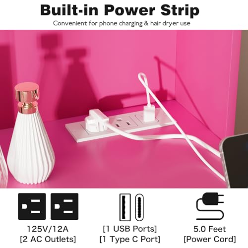 Image of YESHOMY Vanity Desk with Mirror, Power Outlet and 10 Lights, Makeup Table with 7 Drawers, 3 Color Modes Available for Bedroom, Dark Pink