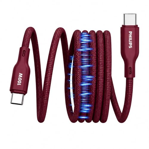 PHILIPS DLC7130CI/94 100W Magnetic Type-C to Type-C Fast Charging Cable (1m, Iron Red) | Nylon Braided | Compatible with iPhone 15+ Series, USB-C iPad Models, Samsung Galaxy & All Type C Devices