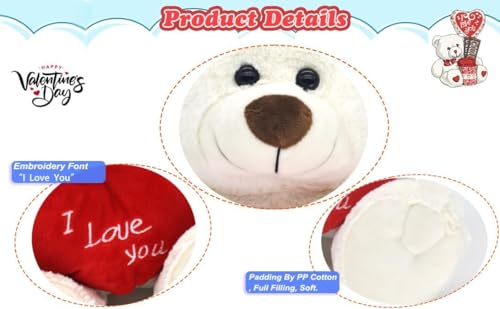 Image of 14'' Teddy Bear with Red Heart, Soft Plush Bear Doll Stuffed Animal Toys Valentines Day Decor Girlfriend Lover Mom Kids (White)
