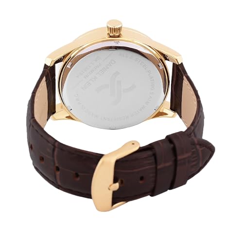 Image of Daniel Klein Analog Green Round Dial Gold Case Brown Leather Strap Day Date with Roman Accents Water-Resistant Wrist Watch for Men Boys DK.1.13819-4