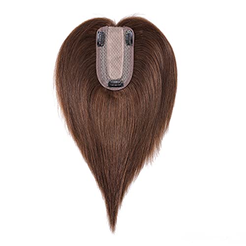 SEGO 150% Density Human Hair Toppers for Women No Bangs Silk Base 100% Remy Human Hair Pieces Clip in for Slight Hair Loss Thinning Hair Cover Gray Hair -6 Inch No Bangs Medium Brown