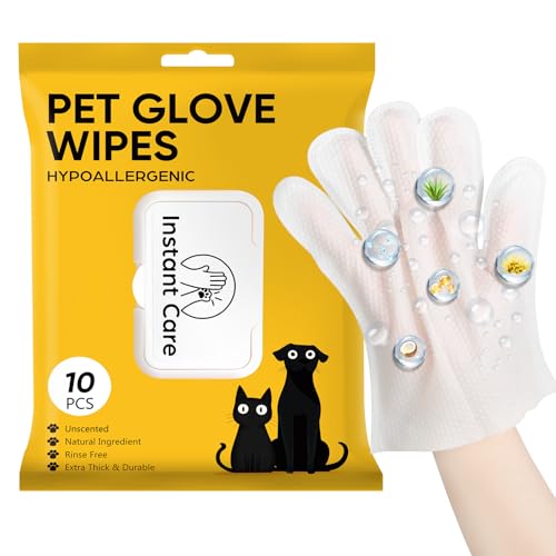 Due Felice Pet Glove Wipes for Dogs Cats Disposable Dog Wipes Cleaning Deodorizing for Fur Paws and Butt Rinse Free Shampoo Mittens Cat Grooming Bath Wipes 10PCS