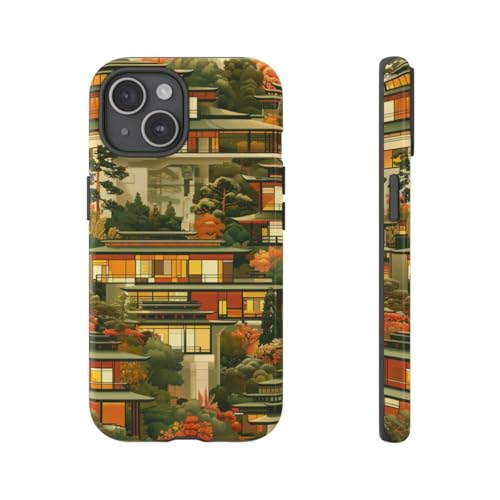 Coque iPhone 15 orange rigide brillante paysage automne moderne