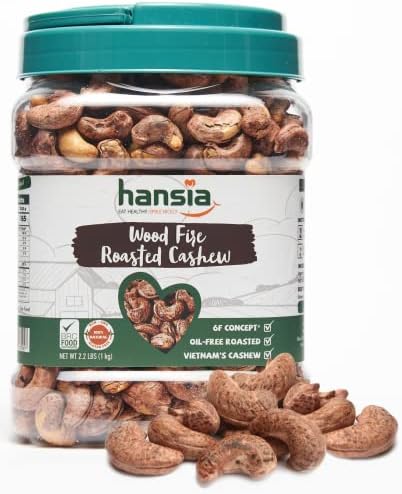 Hansia Organic Wood Fire Sea Salted Cashews with Skin, Whole Dry Roasted Non-GMO Superfood Nuts, Oil-free Snack, Good Source of Magnesium & Natural Fiber, Protein, Vitamin and Iron (2.2 Pounds (Pack of 1))