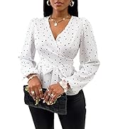 SweatyRocks Women's Spot Long Sleeve V Neck Blouse Wrap Front Peplum Top with Belt