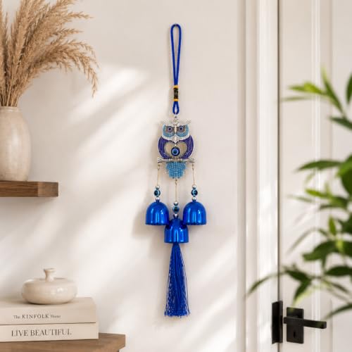Image of eCraftIndia Blue Evil Eye Owl Wind Chime for Home Entrance Decor | Hanging Bell with Tassel & Nazar Protection Charm | Decorative Wall & Door Hanging for Home, Office & Balcony