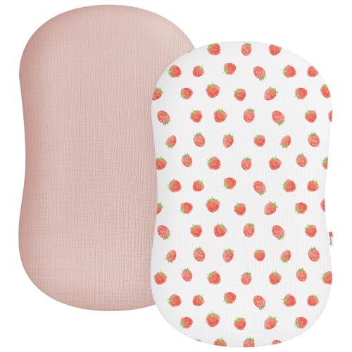 Image of Muslin Baby Lounger Cover 2 Pack, Soft Breathable Newborn Lounger Pillow Cover for Boys Girls Infant (Strawberry & Pale Pink)