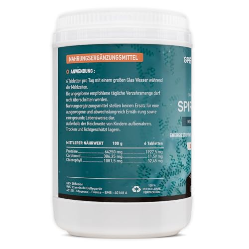 Spirulina-Tabletten Bio 500mg von GPH Diffusion – 1000 Tabletten